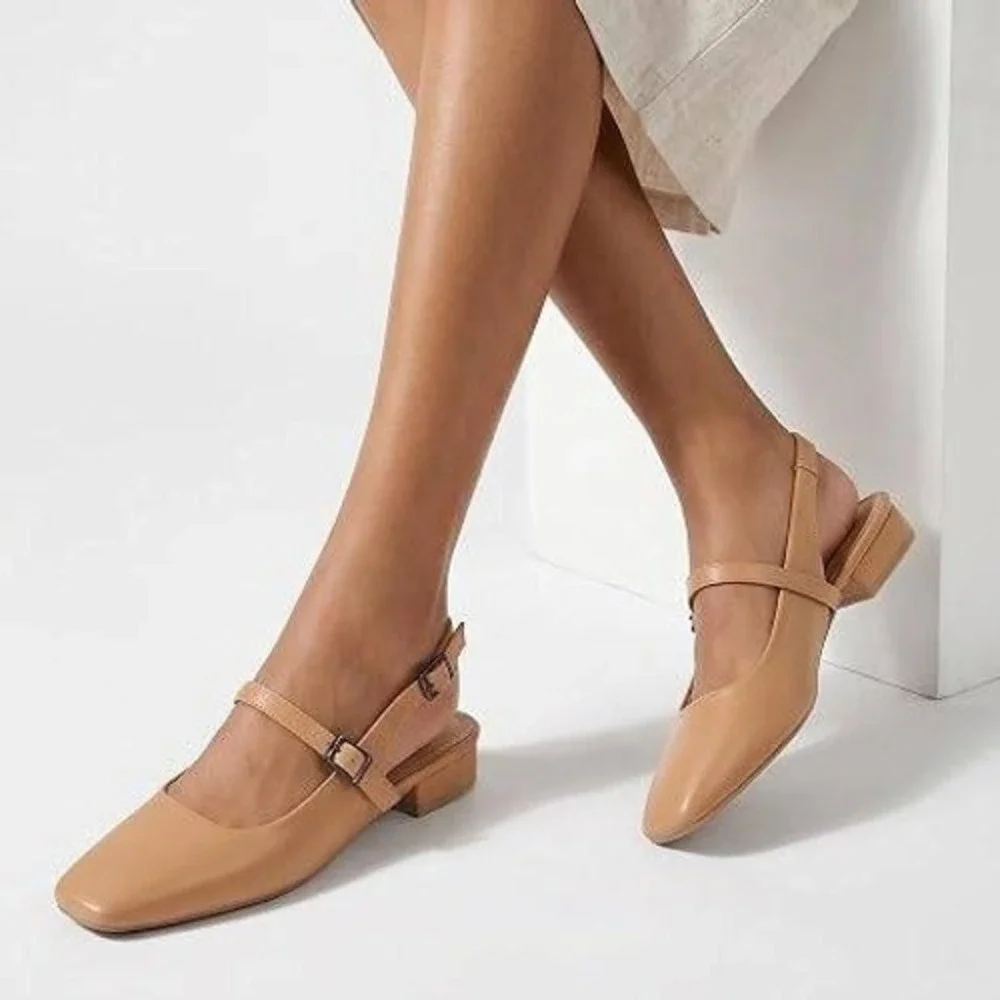 Camel Leather Square Toe Mary Jane Slingback Flats Double Strap NIB Sz 8